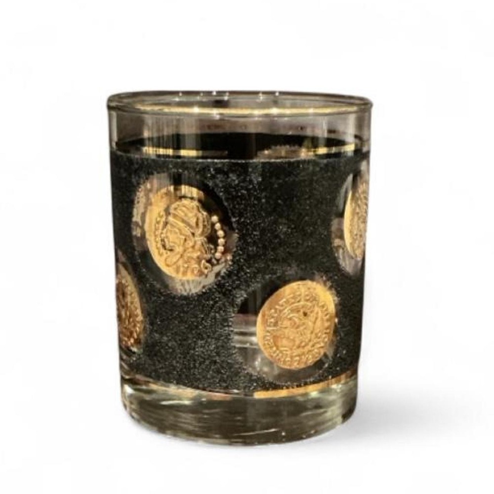 Vintage Rocks Glass Black Gold Coin Textured MCM Lowball Barware Excellent